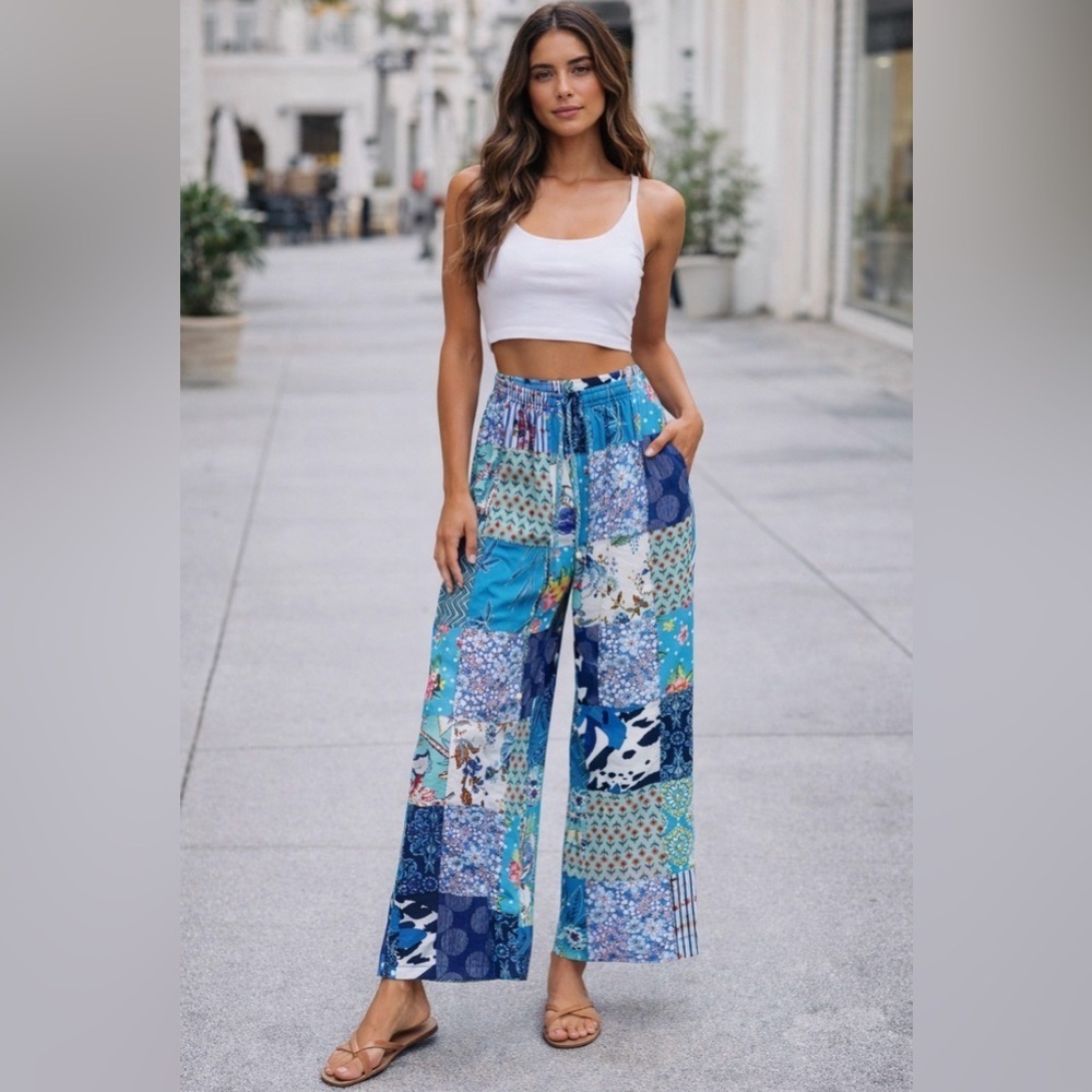 Rahab's Rope Bohemian Patchwork Wide-Leg Baggy Pants Colorful Summer